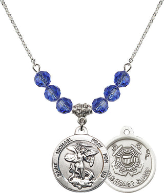18" Rhodium Plated Necklace with 4mm Sapphire Crystal Beads featuring a Sterling Silver Saint Michael / Coast Guard Medal.