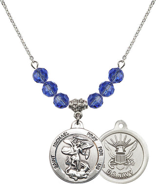 18" Rhodium Plated Necklace with 4mm Sapphire Crystal Beads featuring a Sterling Silver Saint Michael / Navy Medal.