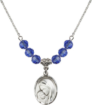 18" Rhodium Plated Necklace with 4mm Sapphire Crystal Beads featuring a Sterling Silver Madonna & Child Medal.