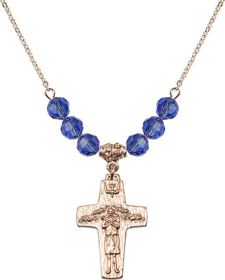 18" Hamilton Gold Plated Necklace with 4mm Sapphire Crystal Beads featuring a 14kt Gold Filled Papal Crucifix Medal.