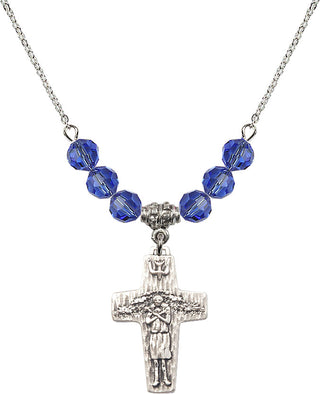 18" Rhodium Plated Necklace with 4mm Sapphire Crystal Beads featuring a Sterling Silver Papal Crucifix Medal.