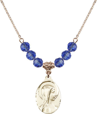 18" Hamilton Gold Plated Necklace with 4mm Sapphire Crystal Beads featuring a 14kt Gold Filled Sorrowful Mother Medal.