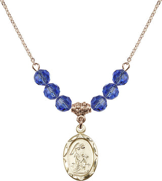 18" Hamilton Gold Plated Necklace with 4mm Sapphire Crystal Beads featuring a 14kt Gold Filled Guardian Angel Medal. Engraved Catholic Saint Jewelry