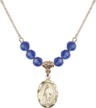 18" Hamilton Gold Plated Necklace with 4mm Sapphire Crystal Beads featuring a 14kt Gold Filled Miraculous Medal.