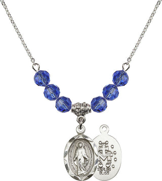 18" Rhodium Plated Necklace with 4mm Sapphire Crystal Beads featuring a Sterling Silver Miraculous Medal.