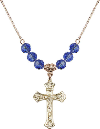 18" Hamilton Gold Plated Necklace with 4mm Sapphire Crystal Beads featuring a 14kt Gold Filled Crucifix Medal.