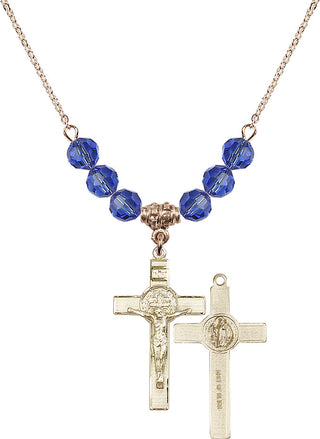 18" Hamilton Gold Plated Necklace with 4mm Sapphire Crystal Beads featuring a 14kt Gold Filled Saint Benedict Crucifix Medal.