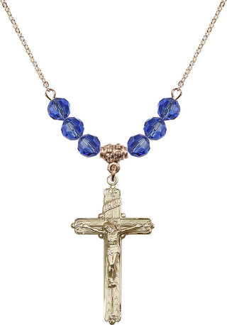 18" Hamilton Gold Plated Necklace with 4mm Sapphire Crystal Beads featuring a 14kt Gold Filled Crucifix Medal.