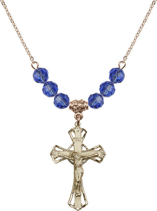 18" Hamilton Gold Plated Necklace with 4mm Sapphire Crystal Beads featuring a 14kt Gold Filled Crucifix Medal.