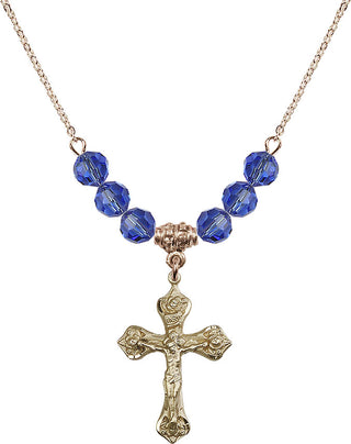 18" Hamilton Gold Plated Necklace with 4mm Sapphire Crystal Beads featuring a 14kt Gold Filled Crucifix Medal.