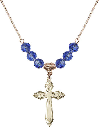 18" Hamilton Gold Plated Necklace with 4mm Sapphire Crystal Beads featuring a 14kt Gold Filled Cross Medal.