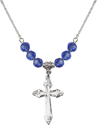 18" Rhodium Plated Necklace with 4mm Sapphire Crystal Beads featuring a Sterling Silver Cross Medal.