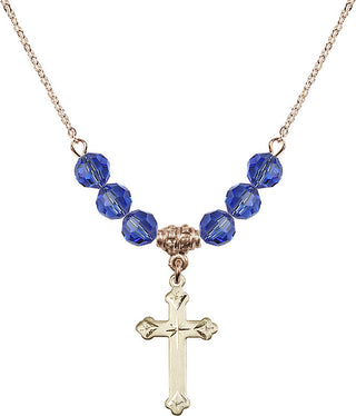18" Hamilton Gold Plated Necklace with 4mm Sapphire Crystal Beads featuring a 14kt Gold Filled Cross Medal.