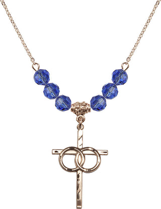 18" Hamilton Gold Plated Necklace with 4mm Sapphire Crystal Beads featuring a 14kt Gold Filled Wedding Rings Cross Medal.