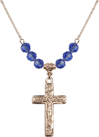 18" Hamilton Gold Plated Necklace with 4mm Sapphire Crystal Beads featuring a 14kt Gold Filled Crucifix Medal.
