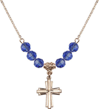 18" Hamilton Gold Plated Necklace with 4mm Sapphire Crystal Beads featuring a 14kt Gold Filled Cross Medal.