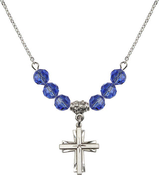 18" Rhodium Plated Necklace with 4mm Sapphire Crystal Beads featuring a Sterling Silver Cross Medal.