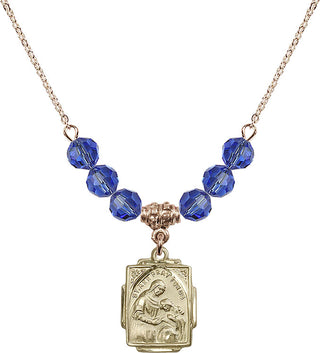 18" Hamilton Gold Plated Necklace with 4mm Sapphire Crystal Beads featuring a 14kt Gold Filled Saint Ann Medal. Engraved Catholic Saint Jewelry