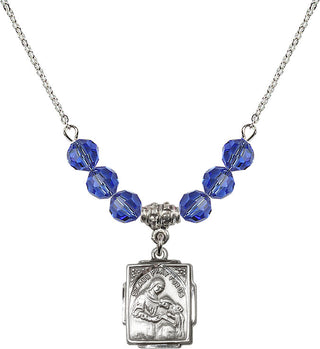 18" Rhodium Plated Necklace with 4mm Sapphire Crystal Beads featuring a Sterling Silver Saint Ann Medal. Engraved Catholic Saint Jewelry