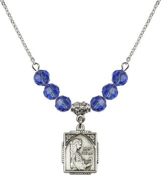 18" Rhodium Plated Necklace with 4mm Sapphire Crystal Beads featuring a Sterling Silver Saint Cecilia Medal. Engraved Catholic Saint Jewelry
