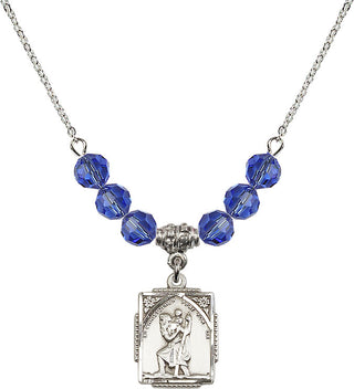 18" Rhodium Plated Necklace with 4mm Sapphire Crystal Beads featuring a Sterling Silver Saint Christopher Medal. Engraved Catholic Saint Jewelry