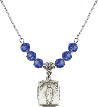 18" Rhodium Plated Necklace with 4mm Sapphire Crystal Beads featuring a Sterling Silver Our Lady of Guadalupe Medal. Engraved Catholic Saint Jewelry