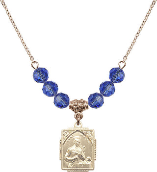 18" Hamilton Gold Plated Necklace with 4mm Sapphire Crystal Beads featuring a 14kt Gold Filled Saint Gerard Medal. Engraved Catholic Saint Jewelry