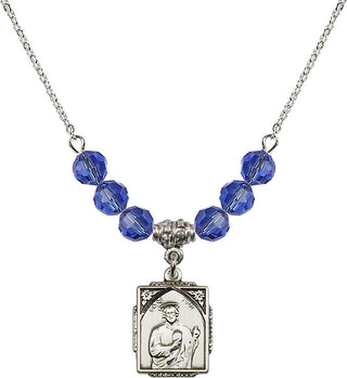 18" Rhodium Plated Necklace with 4mm Sapphire Crystal Beads featuring a Sterling Silver Saint Jude Medal. Engraved Catholic Saint Jewelry