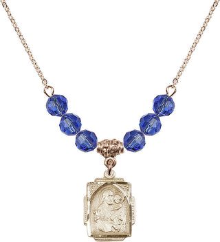 18" Hamilton Gold Plated Necklace with 4mm Sapphire Crystal Beads featuring a 14kt Gold Filled Saint Joseph Medal. Engraved Catholic Saint Jewelry