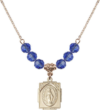 18" Hamilton Gold Plated Necklace with 4mm Sapphire Crystal Beads featuring a 14kt Gold Filled Miraculous Medal. Engraved Catholic Saint Jewelry