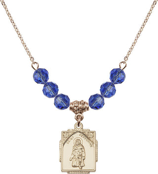 18" Hamilton Gold Plated Necklace with 4mm Sapphire Crystal Beads featuring a 14kt Gold Filled Saint Peregrine Medal. Engraved Catholic Saint Jewelry