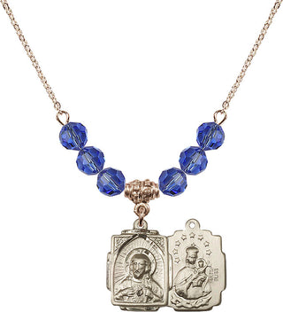 18" Hamilton Gold Plated Necklace with 4mm Sapphire Crystal Beads featuring a 14kt Gold Filled Scapular Medal.