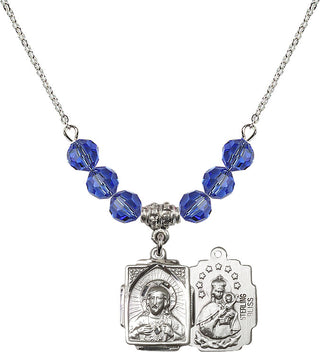18" Rhodium Plated Necklace with 4mm Sapphire Crystal Beads featuring a Sterling Silver Scapular Medal.