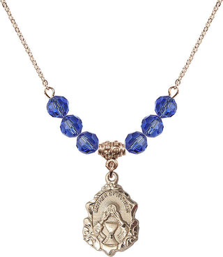18" Hamilton Gold Plated Necklace with 4mm Sapphire Crystal Beads featuring a 14kt Gold Filled Mother of a Priest Medal. Engraved Catholic Saint Jewelry