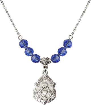 18" Rhodium Plated Necklace with 4mm Sapphire Crystal Beads featuring a Sterling Silver Mother of a Priest Medal. Engraved Catholic Saint Jewelry