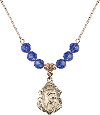 18" Hamilton Gold Plated Necklace with 4mm Sapphire Crystal Beads featuring a 14kt Gold Filled Saint Teresa of Calcutta Medal.