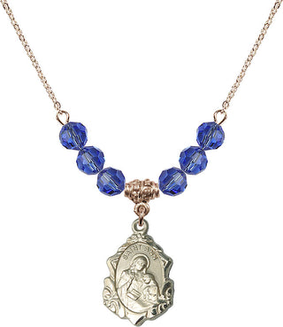 18" Hamilton Gold Plated Necklace with 4mm Sapphire Crystal Beads featuring a 14kt Gold Filled Saint Ann Medal. Engraved Catholic Saint Jewelry