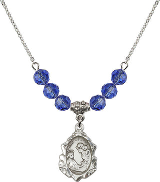 18" Rhodium Plated Necklace with 4mm Sapphire Crystal Beads featuring a Sterling Silver Saint Cecilia Medal. Engraved Catholic Saint Jewelry