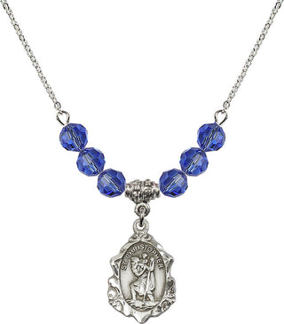 18" Rhodium Plated Necklace with 4mm Sapphire Crystal Beads featuring a Sterling Silver Saint Christopher Medal. Engraved Catholic Saint Jewelry