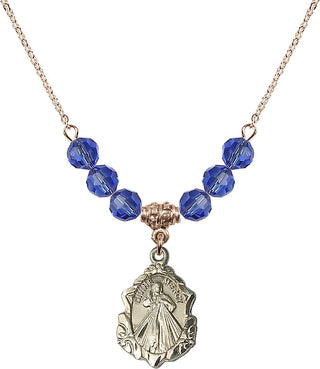 18" Hamilton Gold Plated Necklace with 4mm Sapphire Crystal Beads featuring a 14kt Gold Filled Divine Mercy Medal. Engraved Catholic Saint Jewelry