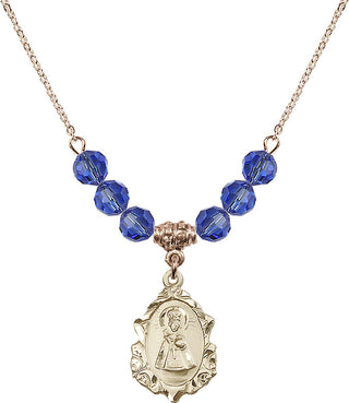 18" Hamilton Gold Plated Necklace with 4mm Sapphire Crystal Beads featuring a 14kt Gold Filled Infant of Prague Medal. Engraved Catholic Saint Jewelry