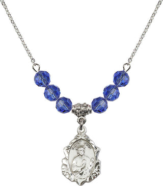 18" Rhodium Plated Necklace with 4mm Sapphire Crystal Beads featuring a Sterling Silver Saint Jude Medal. Engraved Catholic Saint Jewelry