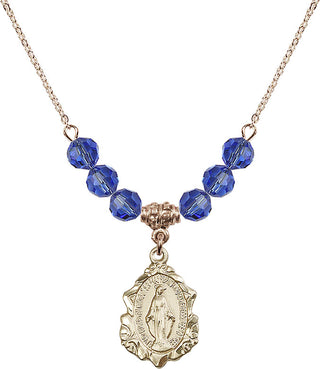 18" Hamilton Gold Plated Necklace with 4mm Sapphire Crystal Beads featuring a 14kt Gold Filled Miraculous Medal. Engraved Catholic Saint Jewelry