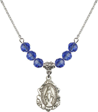 18" Rhodium Plated Necklace with 4mm Sapphire Crystal Beads featuring a Sterling Silver Miraculous Medal. Engraved Catholic Saint Jewelry