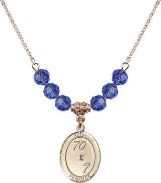 18" Hamilton Gold Plated Necklace with 4mm Sapphire Crystal Beads featuring a 14kt Gold Filled First Penance Medal.