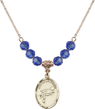 18" Hamilton Gold Plated Necklace with 4mm Sapphire Crystal Beads featuring a 14kt Gold Filled Graduation Medal.