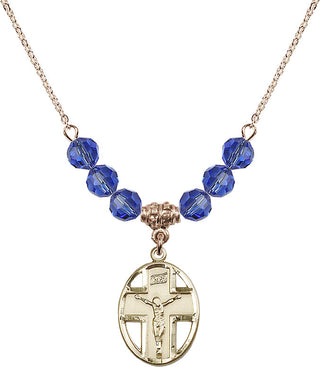 18" Hamilton Gold Plated Necklace with 4mm Sapphire Crystal Beads featuring a 14kt Gold Filled Crucifix Medal.