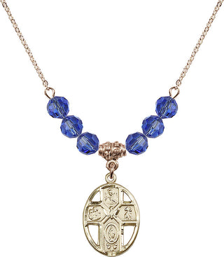 18" Hamilton Gold Plated Necklace with 4mm Sapphire Crystal Beads featuring a 14kt Gold Filled 5-Way / Holy Spirit Medal.