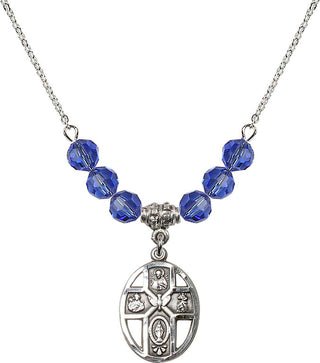 18" Rhodium Plated Necklace with 4mm Sapphire Crystal Beads featuring a Sterling Silver 5-Way / Holy Spirit Medal.