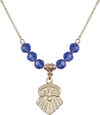 18" Hamilton Gold Plated Necklace with 4mm Sapphire Crystal Beads featuring a 14kt Gold Filled Seven Gifts Medal.